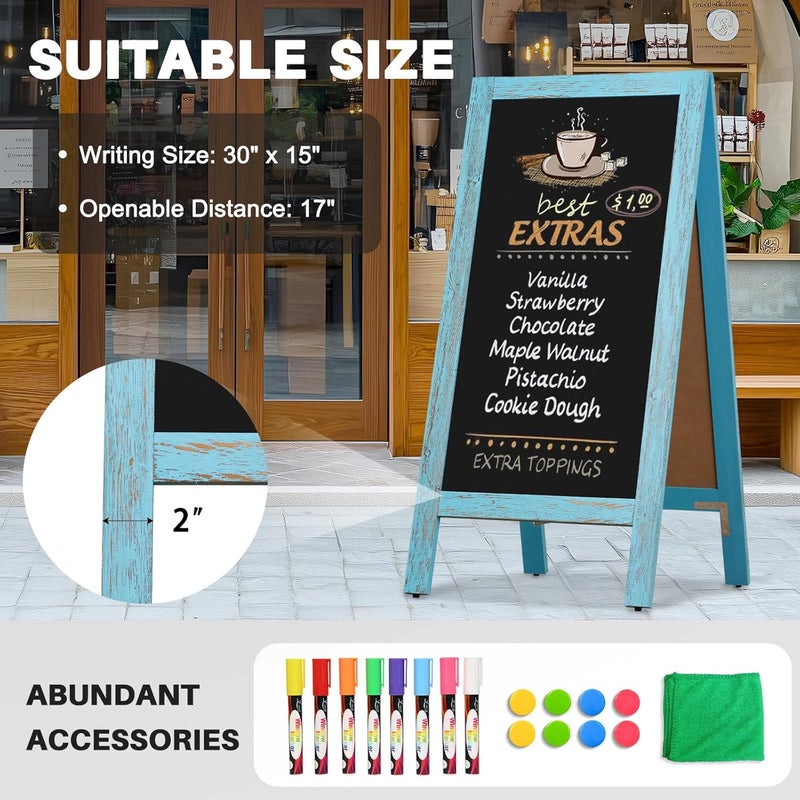 4 Thought A-Frame Chalkboard 40" x 20", Chalk Board Sign Board Magnetic Sandwich Board Pine Wooden Freestanding Double-Sided Chalkboard Easel for Restaurant Cafe Shop Wedding Party, Blue - Image 3